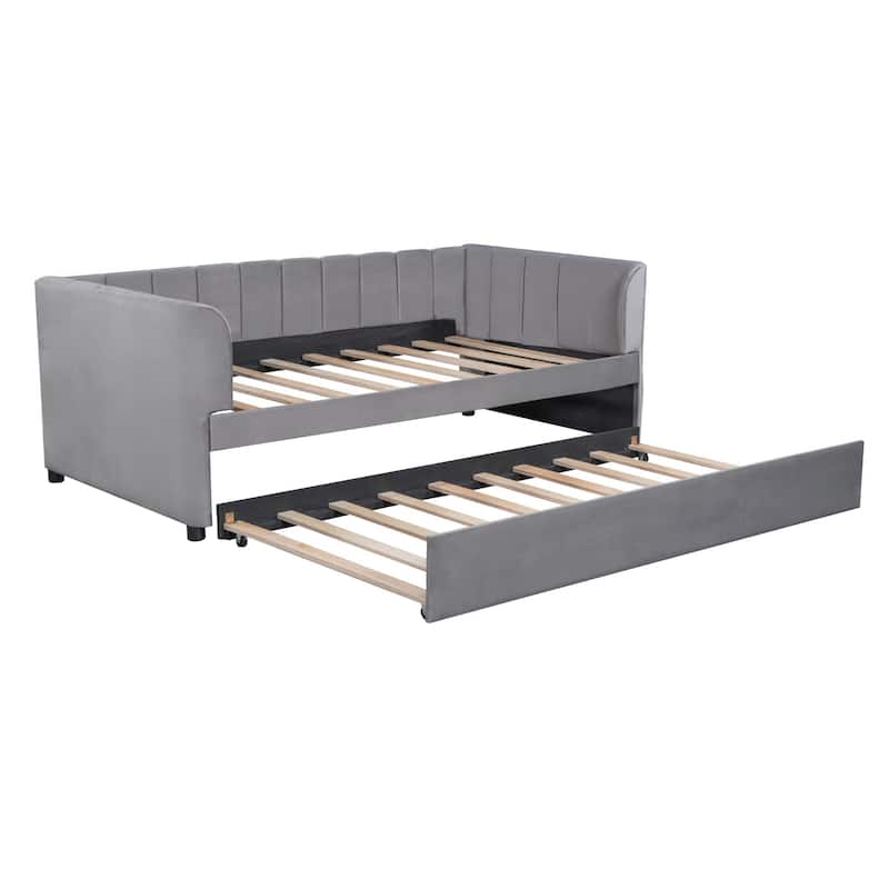 Twin Size Upholstered Daybed with Ergonomic Design Backrest and Trundle