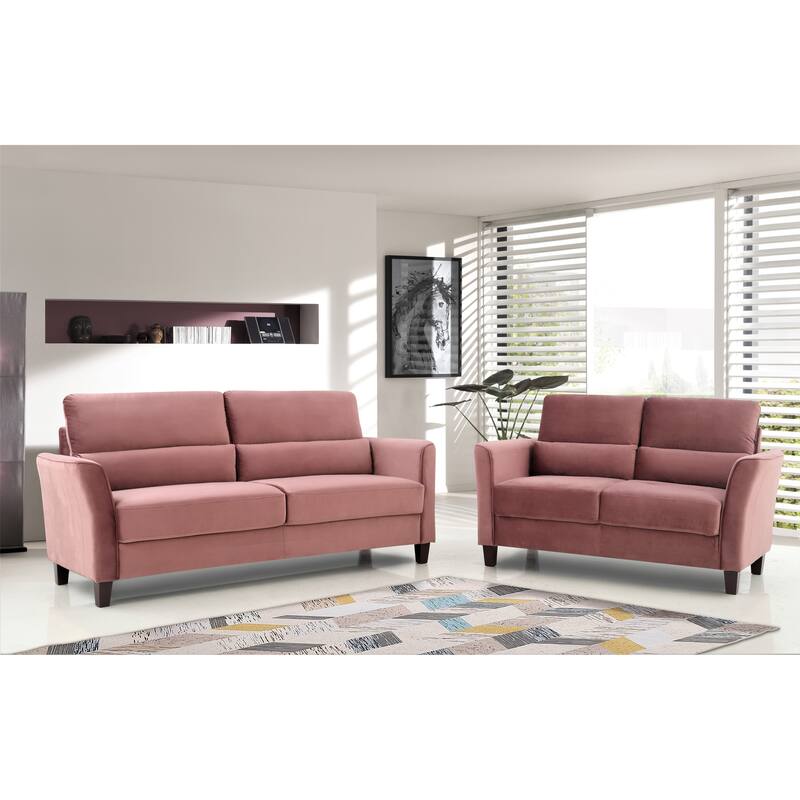 2 Pieces Mid Century Modern Upholstered Sloped Arms Living Room Set, Loveseat and Sofa - Rose