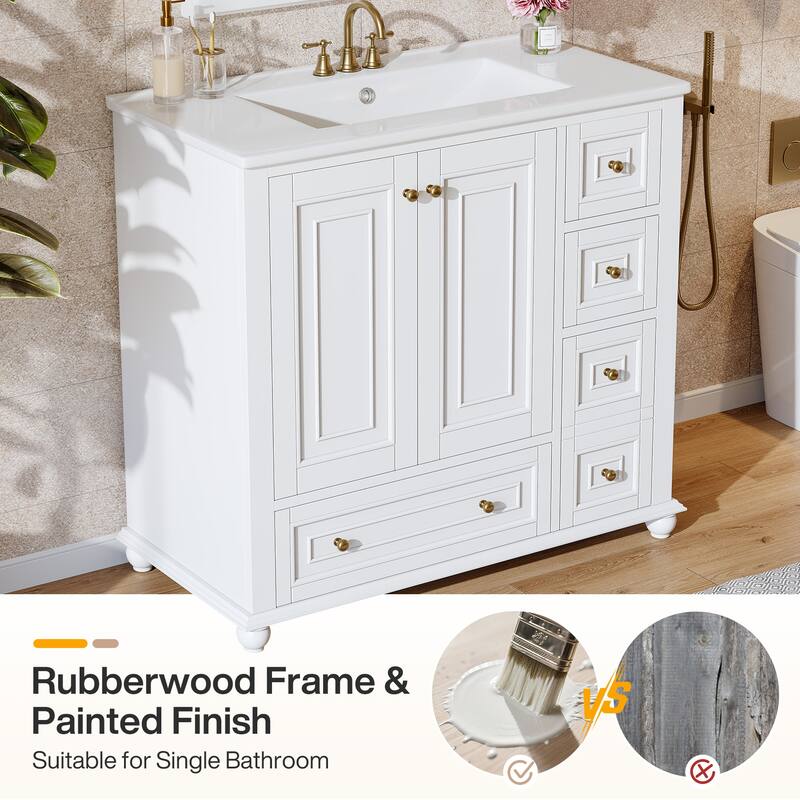 Modern Freestanding Solid Wood Bathroom Vanity with Ceramic Sink, Adjustable Shelf Storage