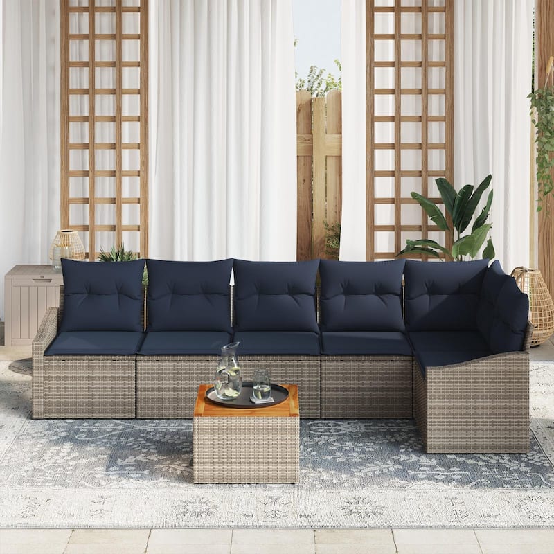 vidaXL 7 Garden Sofa Set with Cushions Black/Grey Poly Rattan - 113.8 x 48.6 x 27.2