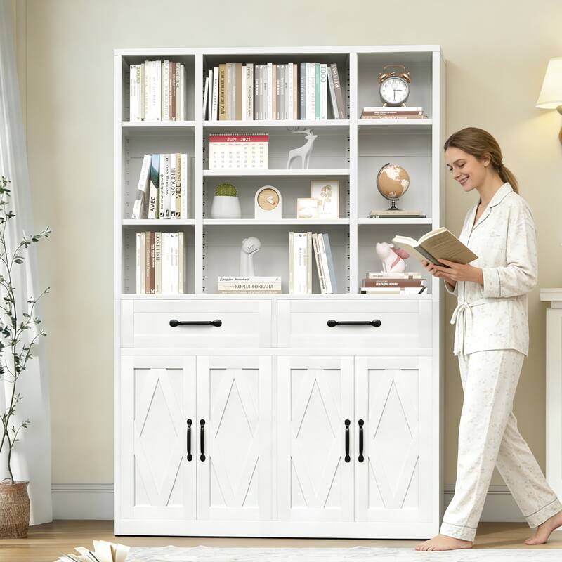 Rossetta Industrial Anti-Tip Kit Metal Bookcase with Doors and Drawers, Adjustable Open Shelves - White