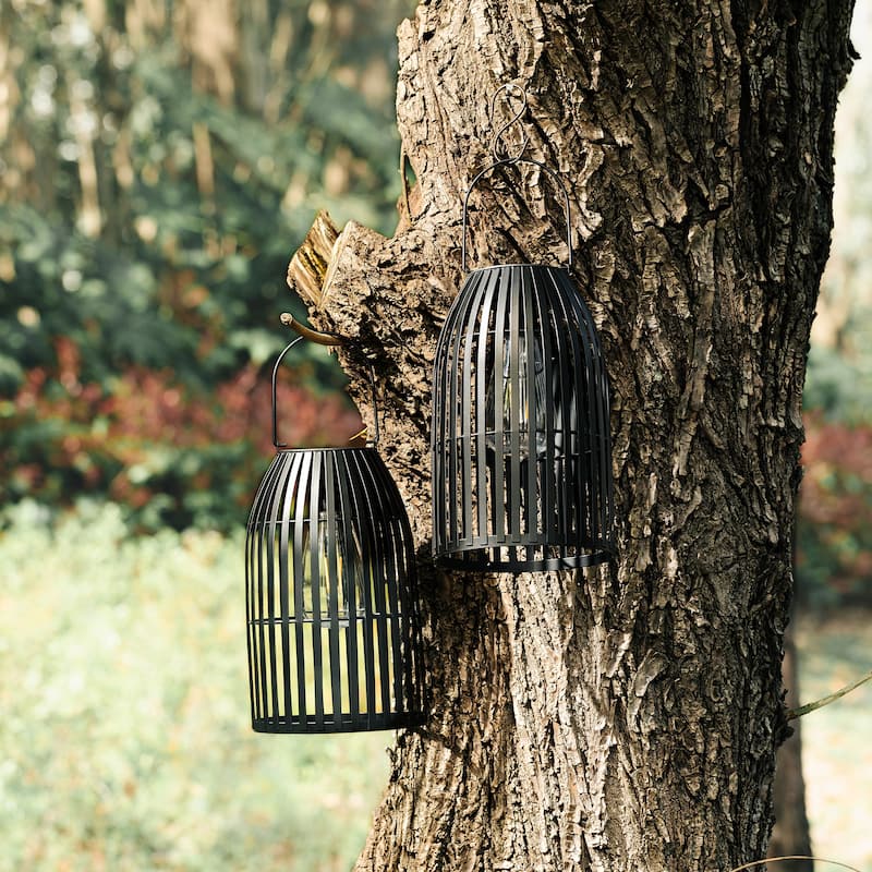 Glitzhome Set of 2 9.75"H Black Striped Outdoor Solar Hanging Lantern