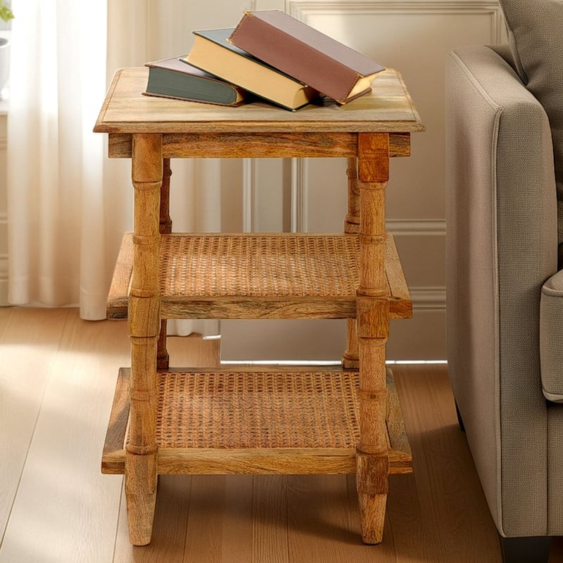 2-Shelf Handcrafted Wooden Side Table - 24" - Brown