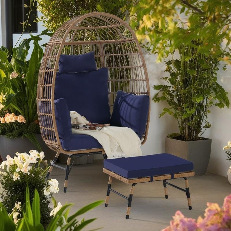 2-Piece Oversized Outdoor Rattan Wicker Egg Chair with Ottoman