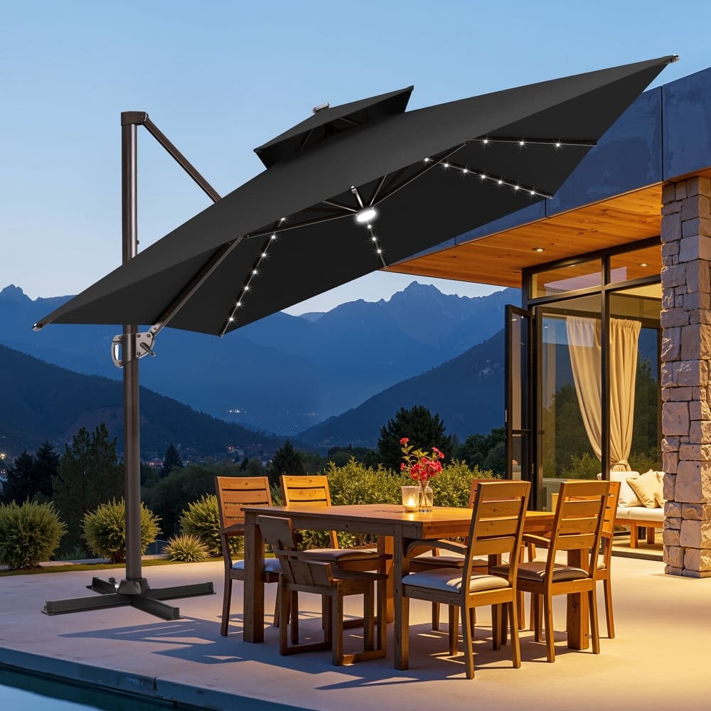 10 FT x 13 FT Outdoor Rectangular Solar LED Lighted Double Top Patio Cantilever Umbrella