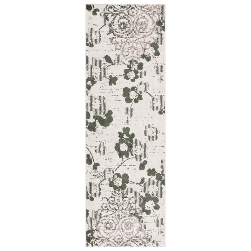 SAFAVIEH, Adirondack Rena Damask Floral Distressed Rug - 2'6" x 8' Runner - Ivory/Dark Green