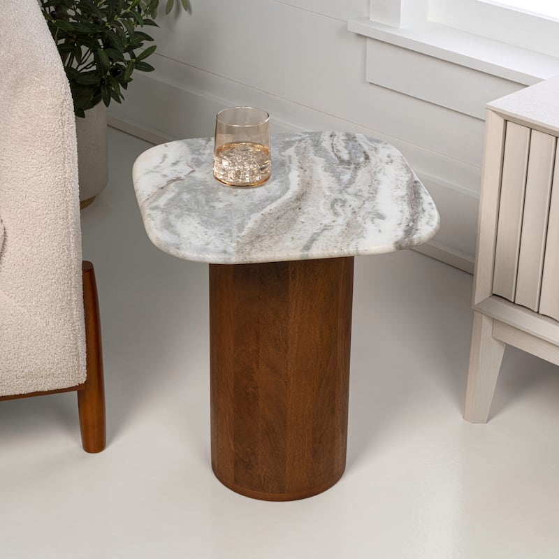 Kaito 18" Round Marble/Wood Accent Table - 15.75L x 15.75W x 18H - White Marble Honey (square)