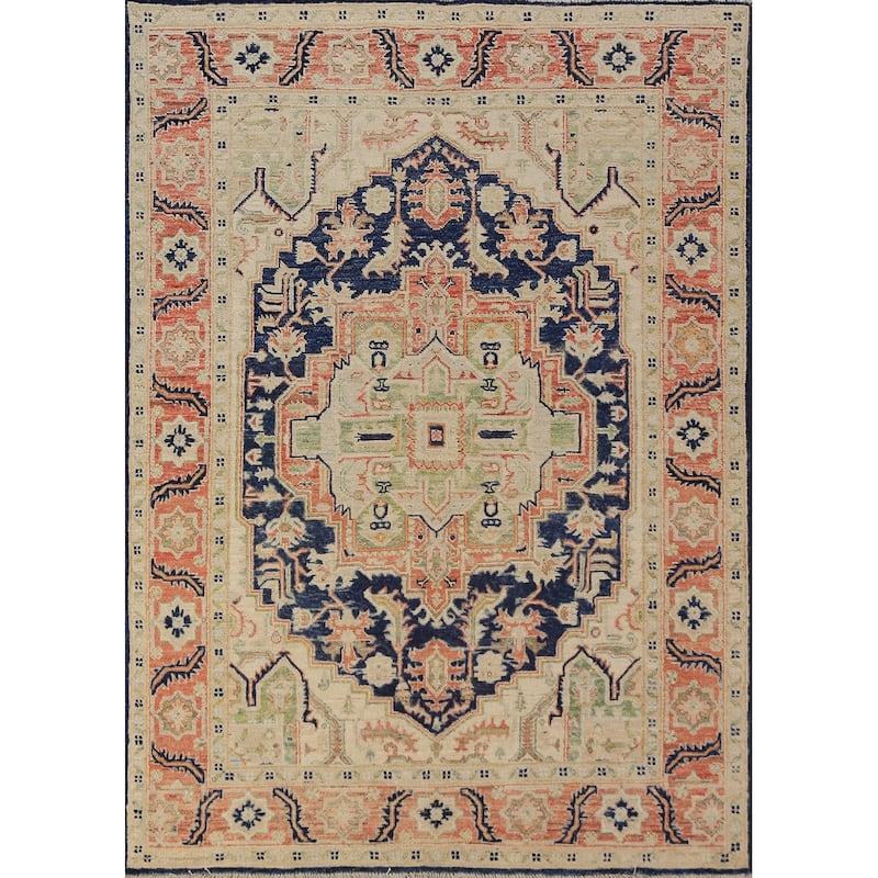 Vegetable Dye Heriz Serapi Oriental Rug Hand-Knotted Wool Carpet - 4'9"x 6'8"