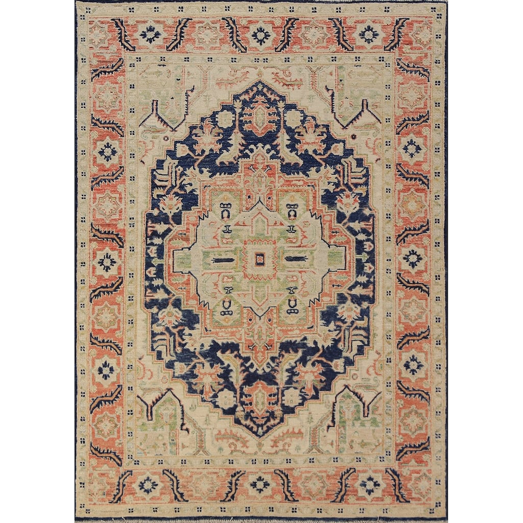 Vegetable Dye Heriz Serapi Oriental Rug Hand-Knotted Wool Carpet - 4'9"x 6'8"