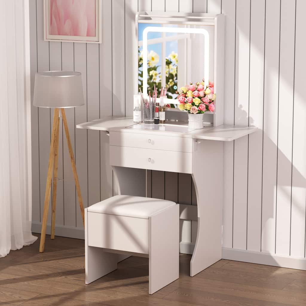 Vanity Set for Small Bedrooms - Small Space Makeup Vanity with Stool, Compartmentalized Drawers & 20cm Foldable Side Tables