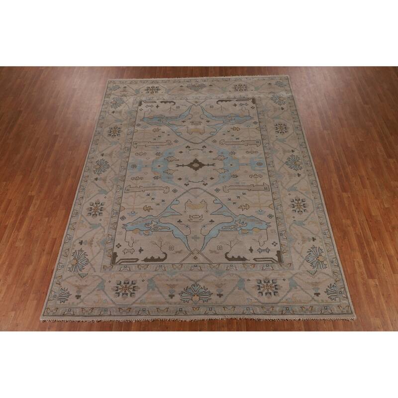 All-Over Beige Oushak Indian Area Rug Hand-Knotted Wool Carpet - 9'2" x 11'8"
