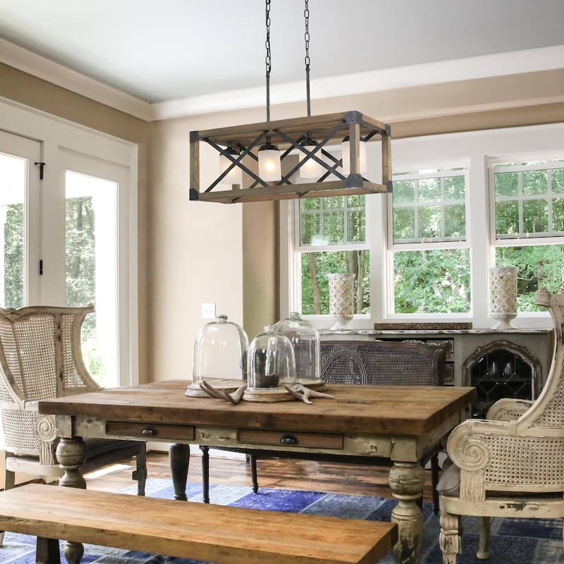 Farmhouse Rustic 4-Light Chandelier Wood Linear Island Lights