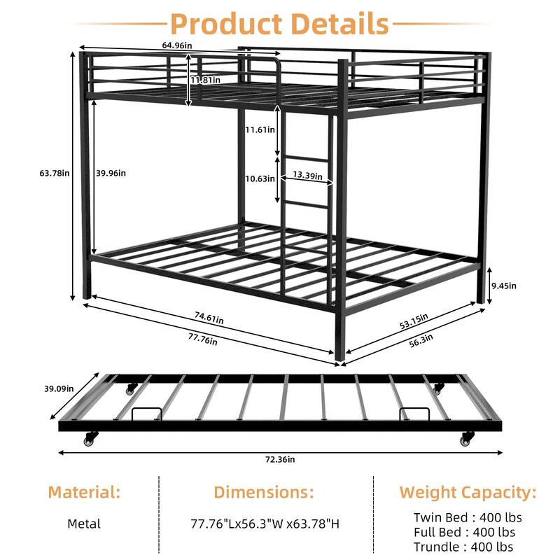 Durable Square Tube Iron Bunk Bed Featuring Safety Rails, Modern Minimalist Look,Full