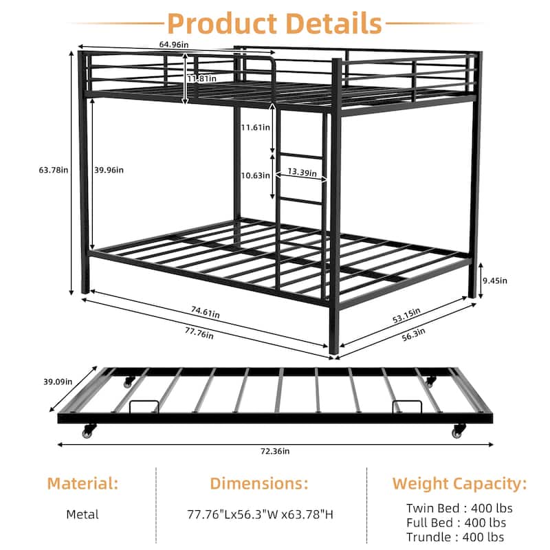 Modern Minimalist Iron Bunk Bed with Safety Rails, Trundle, and Easy Assembly for Kids, Guests, or Shared Spaces