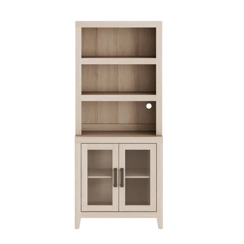 WAMPAT 3 Tier Bookshelf with Glass Door, 74" Tall Bookcase with Adjustable Shelf and Storage Cabinet, Farmhouse Wooden Bookshelf