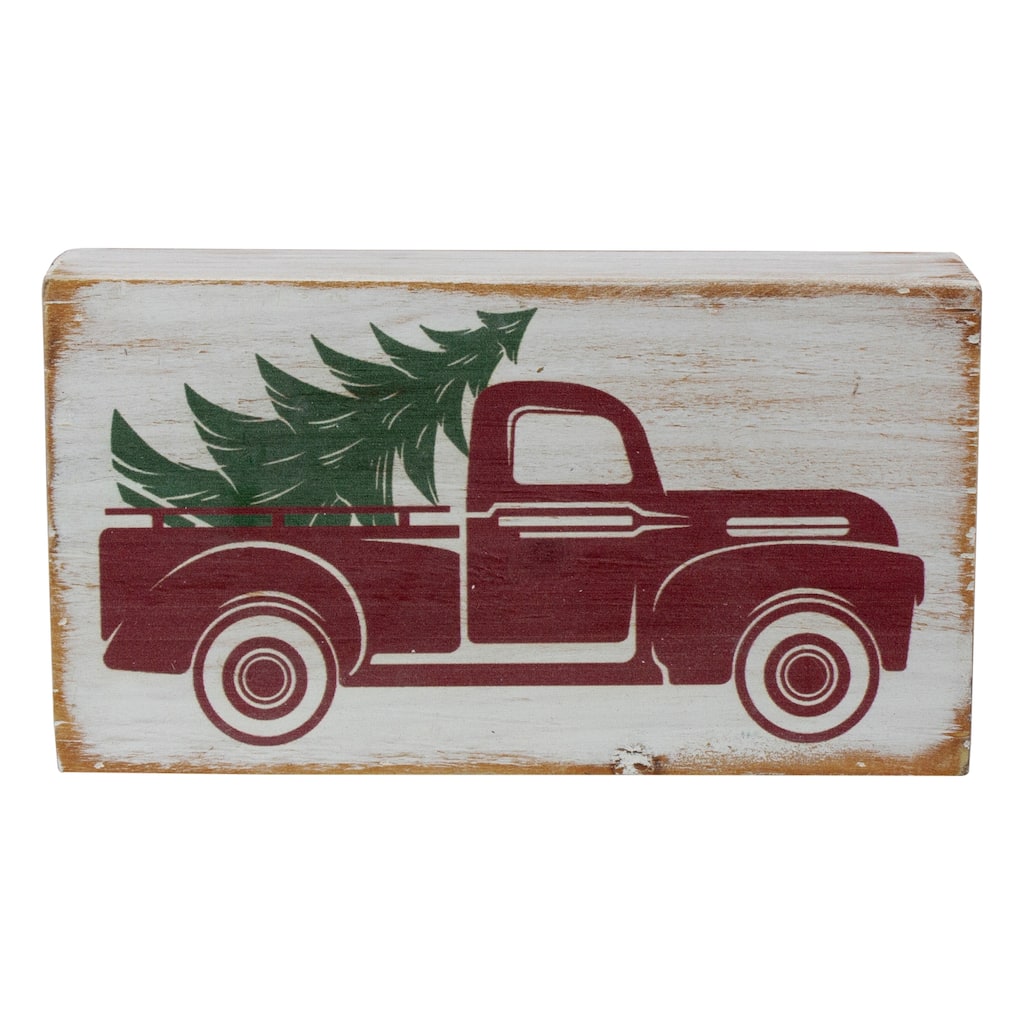 Wooden Block with Vintage Red Truck and Tree Christmas Decoration - 6"