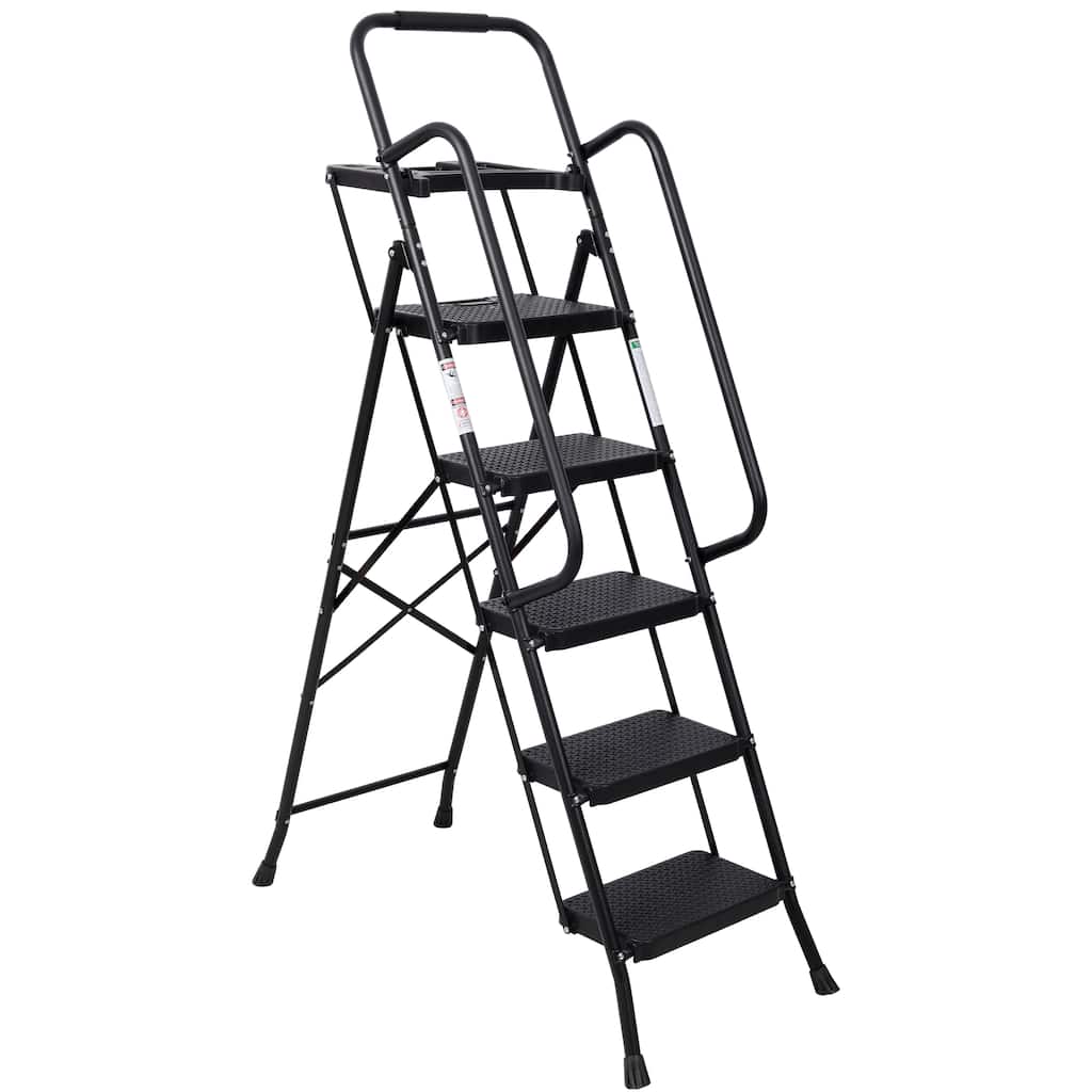 5 Step Ladder, Folding Step Stool with Wide Anti-Slip Pedal, Sturdy Steel Ladder 330 LBS Load Capacity, Convenient Handrail
