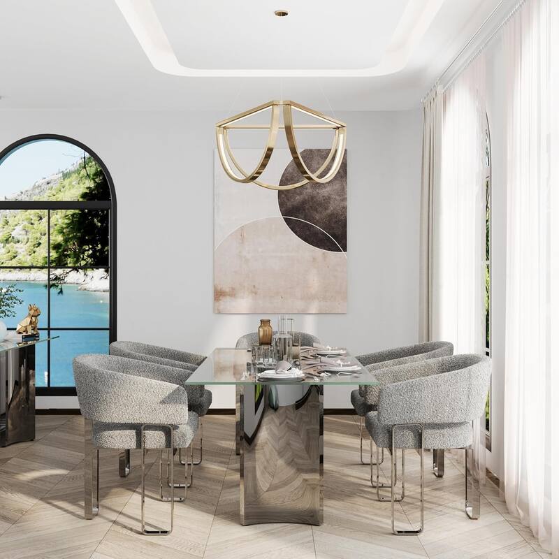70 inch Clear Tempered Glass Dining Table Set with Grey Boucle Dining Chairs