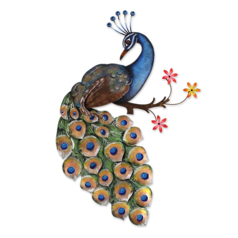 Steel wall sculpture, 'Peacock and Flowers'