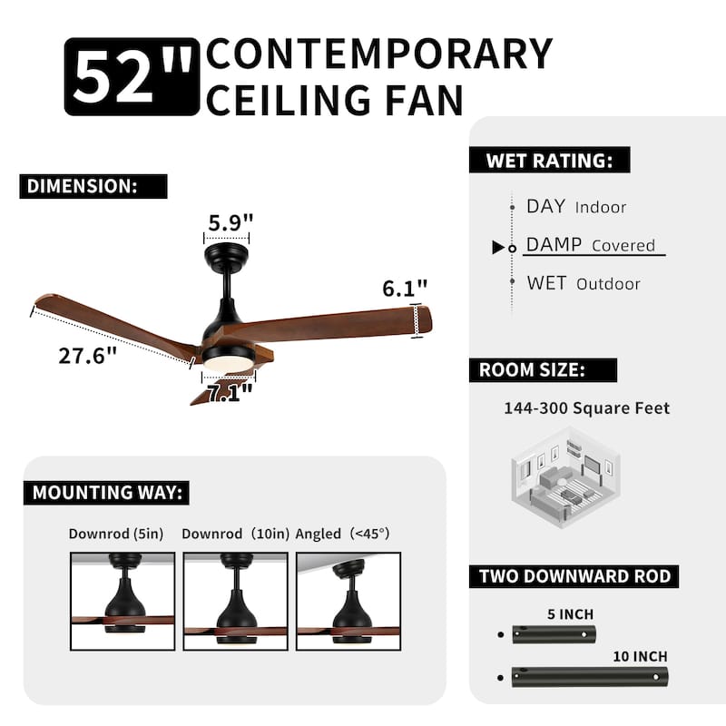 Moasis 52" Modern Remote Control Ceiling Fan with Lights and 5 Solid Wood Blades