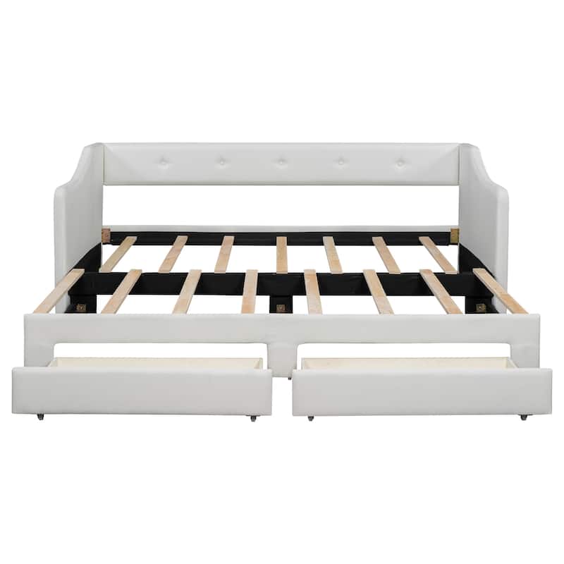 Twin XL to King Size Linen Fabric Daybed, Pull Out Upholstered Platform Sofa Bedframe with 2 Drawers, Wood Slats Support