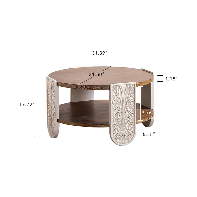 Carved Coffee Table, Vintage Style Small Side Table with 2-Tier Storage Design and Solid Wood Frame, for Living Room