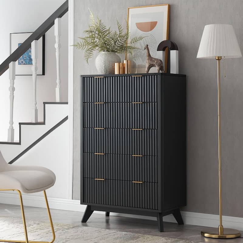 Modern Fluted 5 Drawers Dresser, Chest of Drawers, Dresser TV Stand - Dark Grey