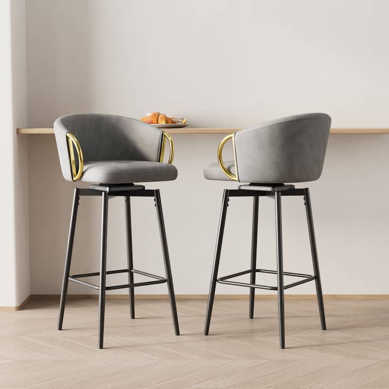 Velvet Bar Chair Set of 2, 360° Swivel Bar Chairs with Metal Legs, Upholstered Counter Height Bar Chairs w/Anti Slip Pads - Black