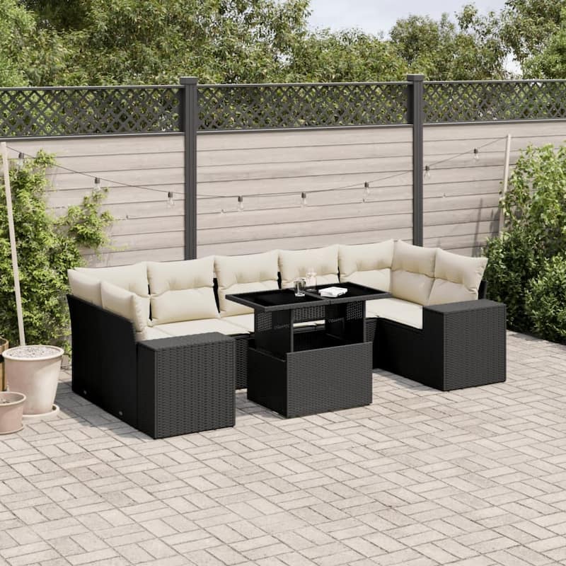 vidaXL Patio Sofa Set with Cushions Outdoor Furniture 8 Piece Poly Rattan - 24.4 x 24.4 x 27.2 - Black and Cream-without storage