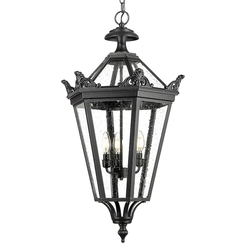 32 Inch Outdoor Pendant Ceiling Light with Seeded Glass, Taper Candle - Black