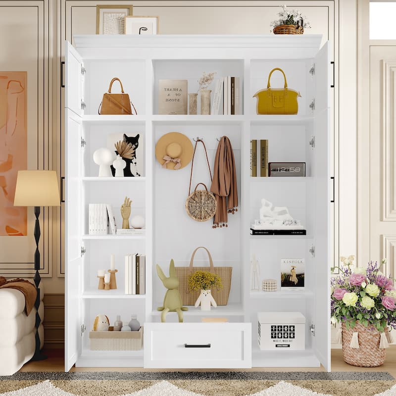85.2''H Hall Tree with Bench and 3 Hooks, Modern Entryway Storage Organizer Cabinet with 4 Doors,1 Drawer and Adjustable Shelves