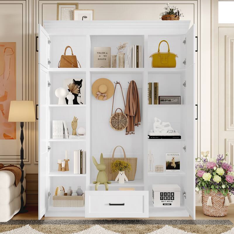 Roomfitters 85.2" Hall Tree with Bench, 3 Hooks, 4 Doors, 1 Drawer and Adjustable Storage Shelves