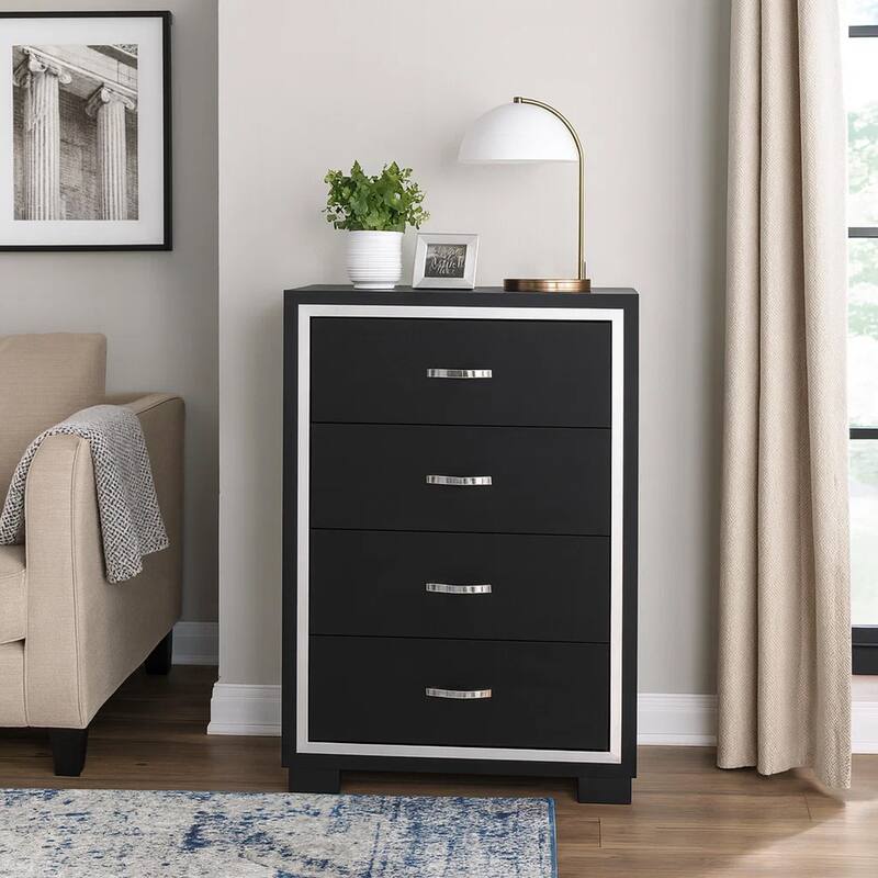 Geny Tall Dresser Chest, 4 Drawers, Silver Trim and Metal Handles, Black