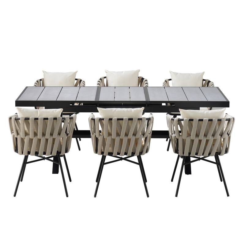Outdoor Metal Chairs Set w/ 6 Chairs and 1 Extendable Table (Set of 7)