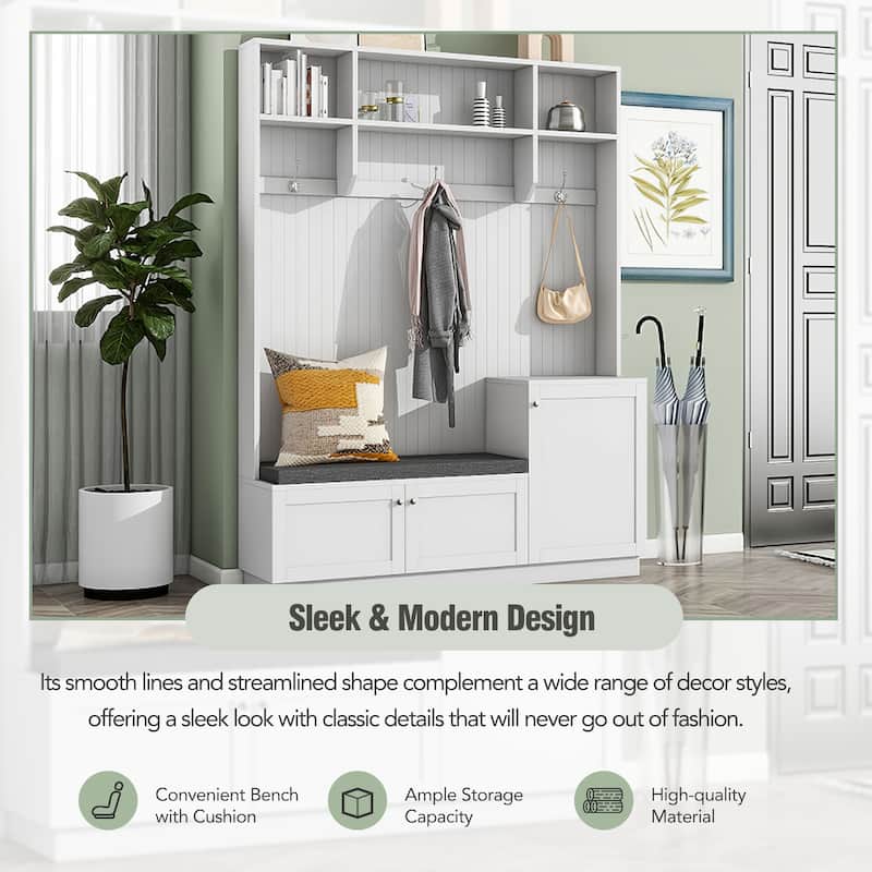 Modern Hall Tree with Padded Bench, 3 Cabinets, 3 Hooks, Shelves, Entryway Coat Rack & Shoe Storage, 59" Wide