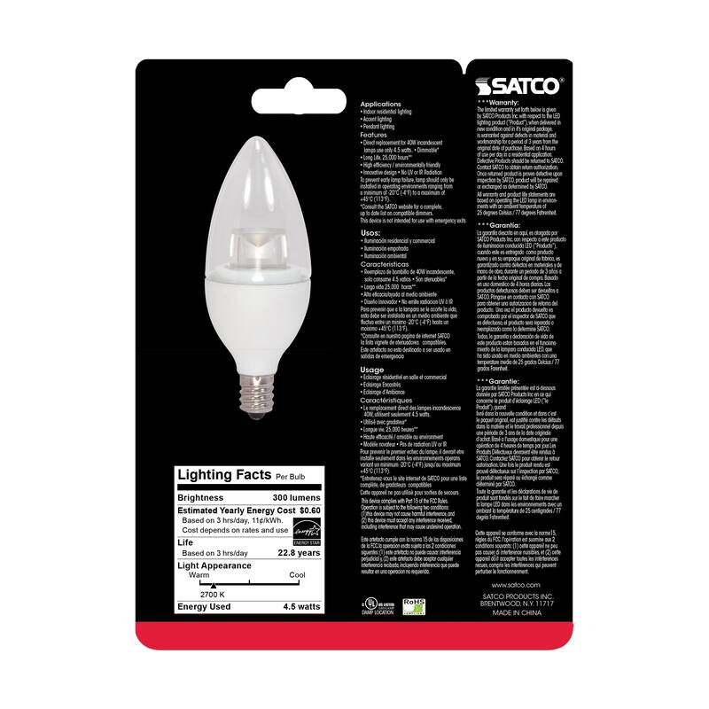 Satco 4.5W Torpedo LED - Candelabra Base - 2700K - 120V - Clear