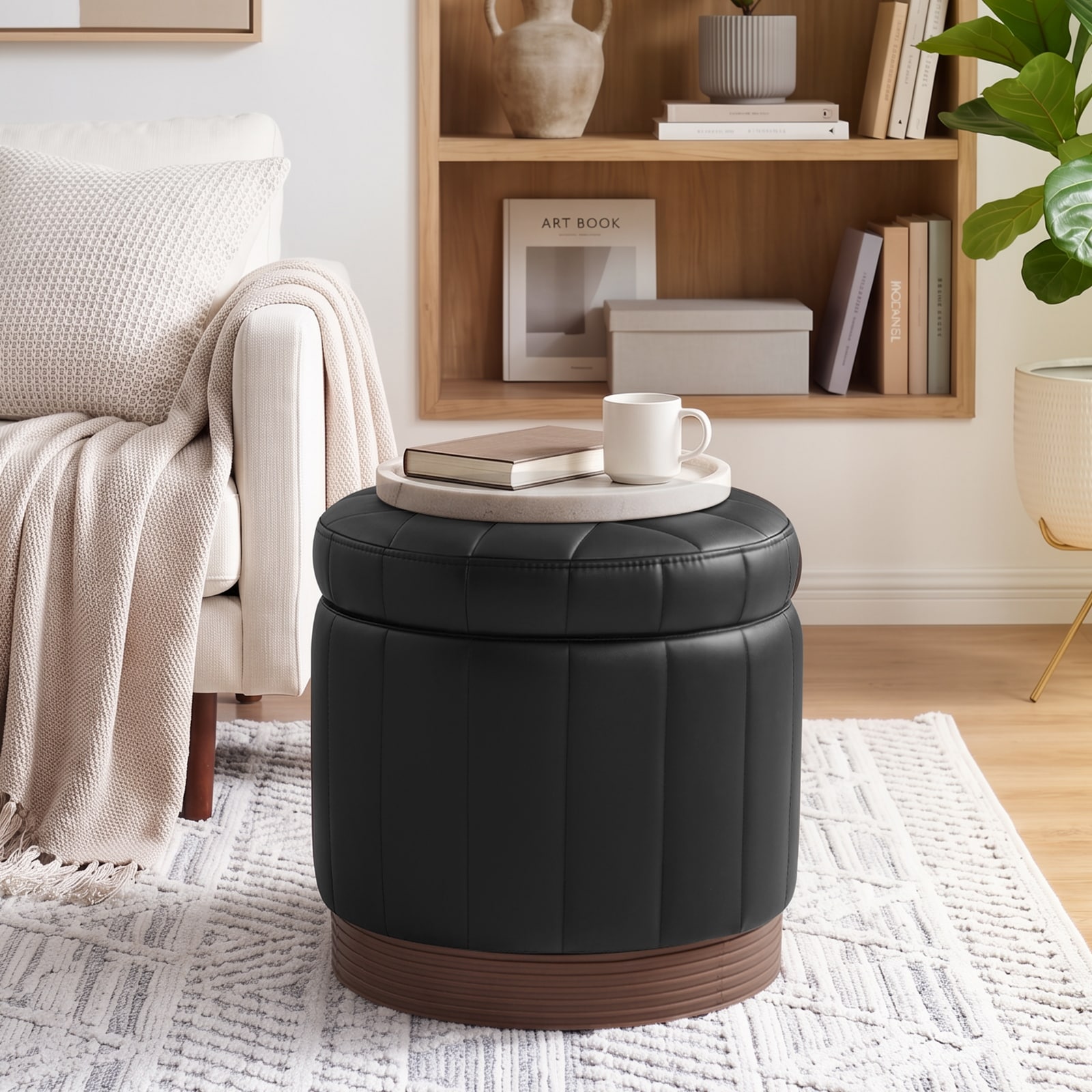 Round Swivel Storage Ottoman Footstool with Flip-top, Fully Assembled & Acacia Hardwood Frame