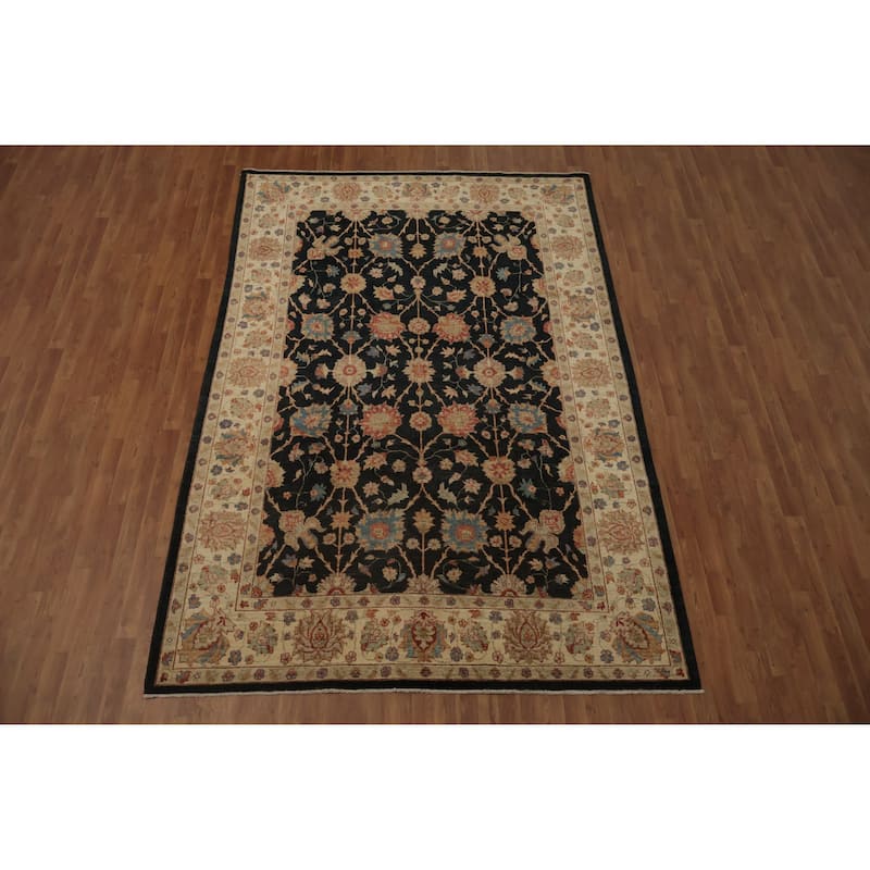 Hand Knotted Oriental 100% Wool Carpet Traditional All-Over Black Peshawar Area Rug - 10' 4'' X 7' 0''