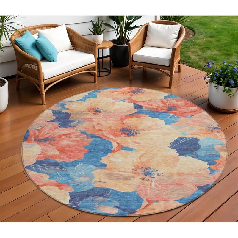 HomeRoots Floral Transitional Rectangle Outdoor Rug - Peach/Blue - 8' Round