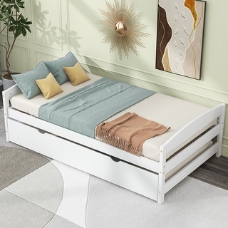 Twin Platform Bed with Trundle, White, Solid Wood Frame, No Box Spring Needed