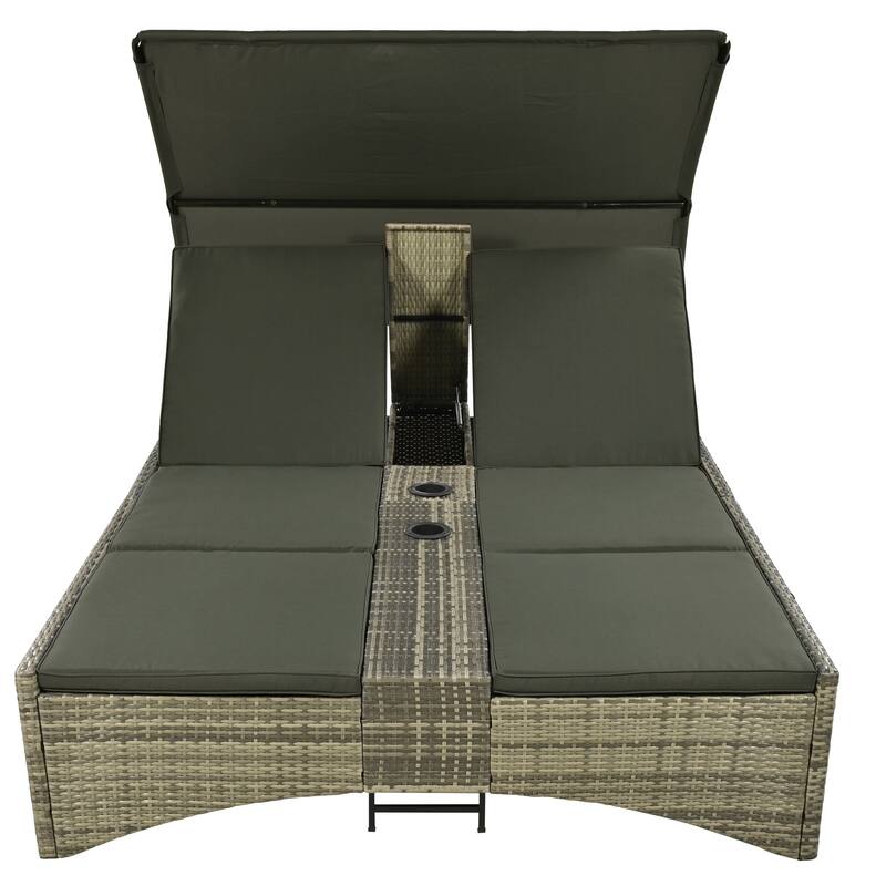 Outdoor Patio Rattan Daybed Sunbed with Canopy and Adjustable Backrest, Storage Box and 2 Cup Holders