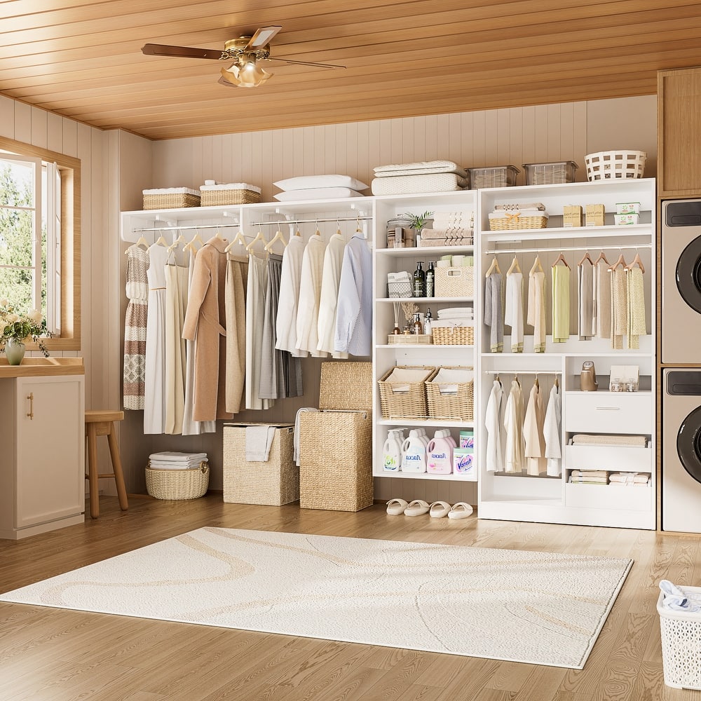 Qvella 59"-132" Closet System with Adjustable Shelves and Drawers,Multi-Functional Combination Wardrobe System Closet Organizer