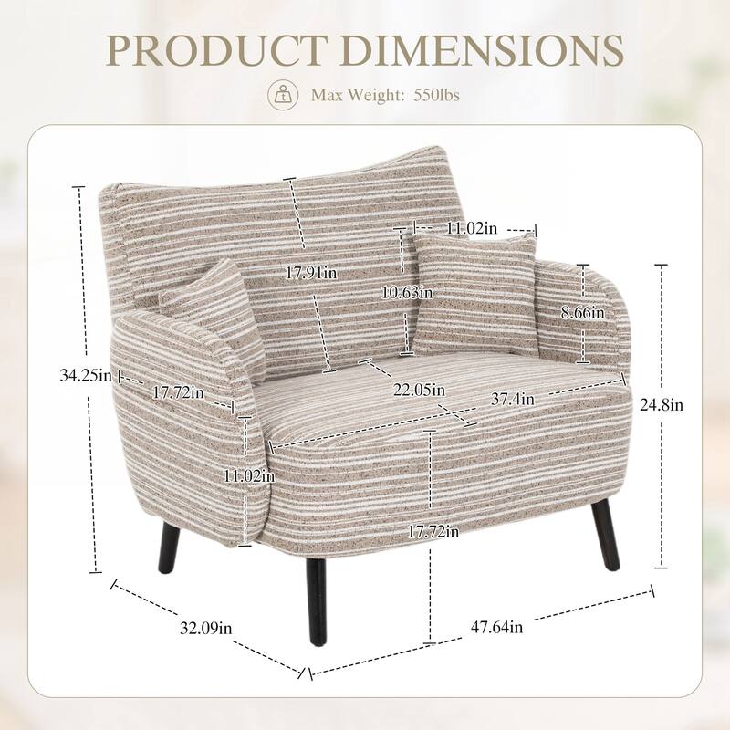 Modern style two-seater sofa with ultra-comfortable armrests, armrest pillows - Khaki