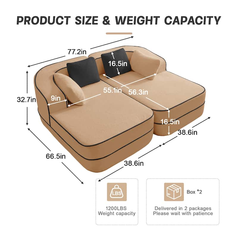 77.2" Double Chaise Lounge Chair, Upholstered Sofa Bed, Teddy Fabric Sleeper Couch with Pillows, Modern Loveseat for Living Room