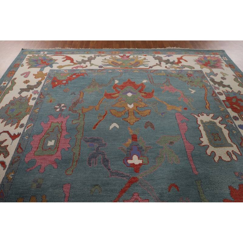 Floral Blue Oushak Indian Area Rug Handmade Wool Carpet - 9'3"x 12'0"