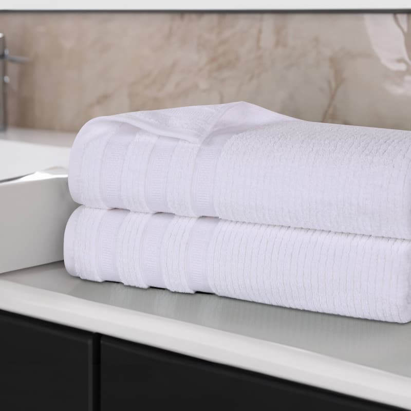 Superior Brea Zero Twist Cotton Ribbed Modern Bath Sheet Set of 2 - White