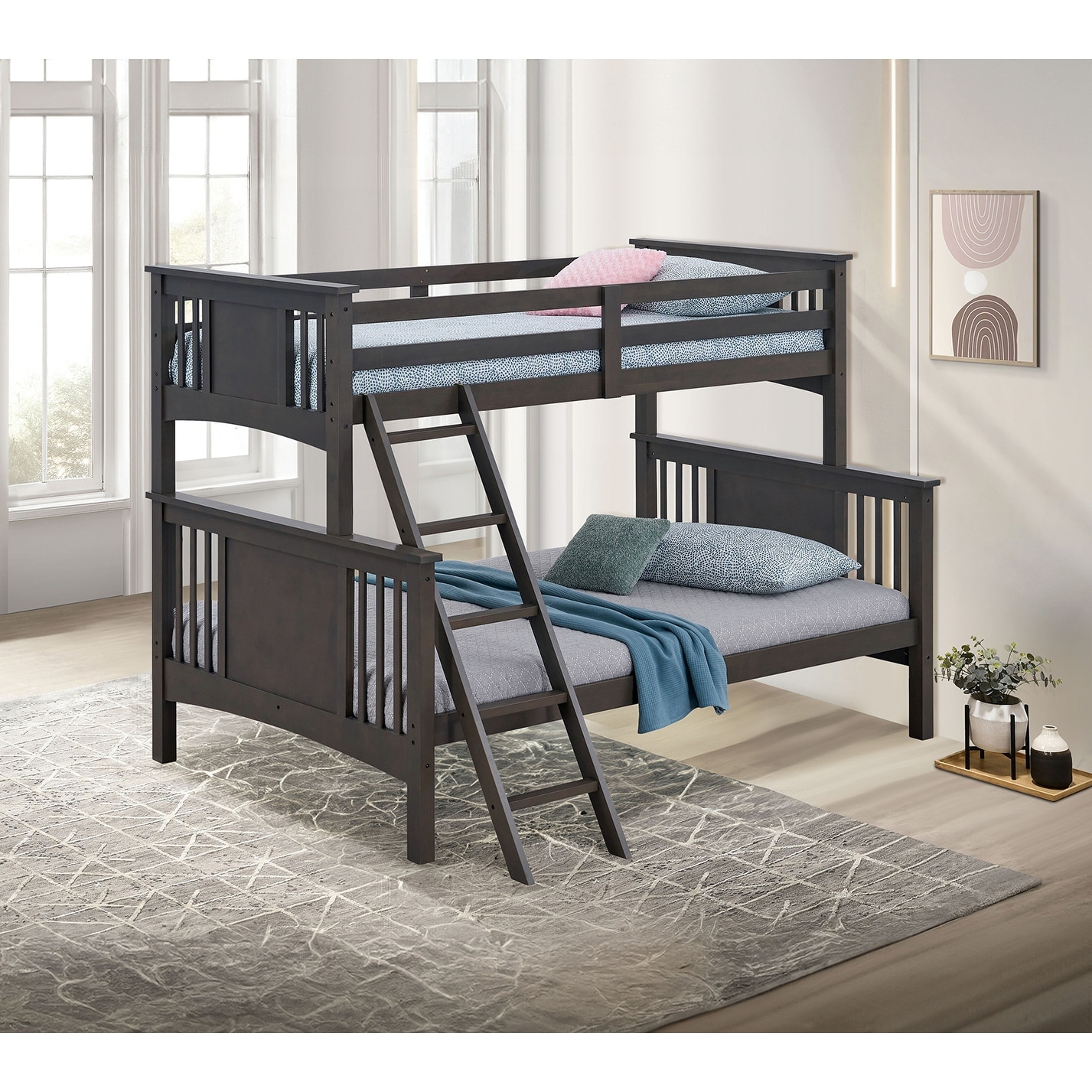 Modern Transitional Style Twin Over Full Bunk Bed With Ladder