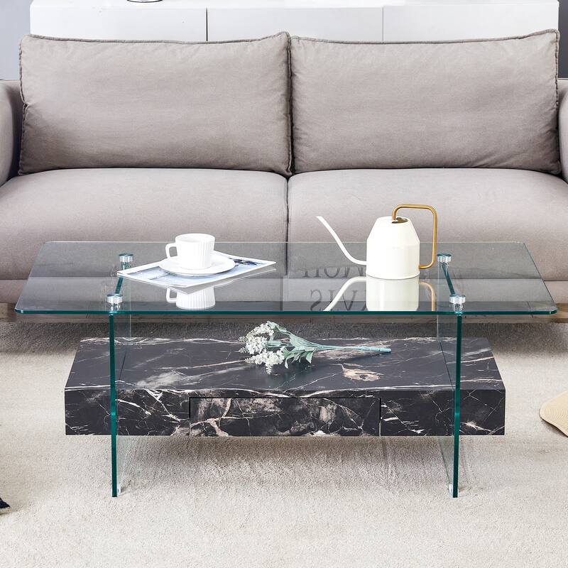 43.3 Inch Two-Tier Coffee Table-Clear Tempered Glass And Black Marble Texture,Multifunctional Storage Design,Includes A Drawer