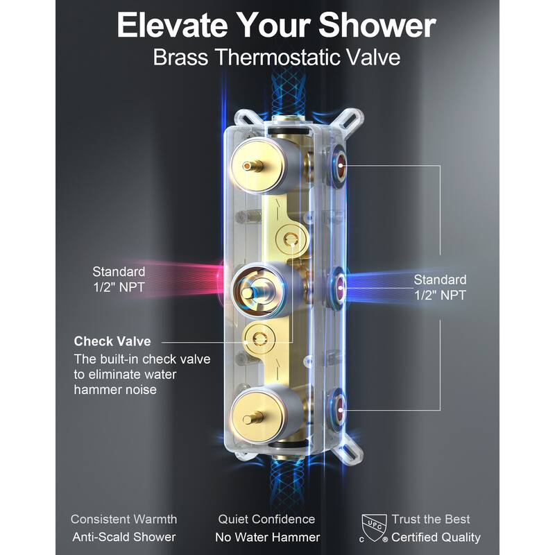 GRANDJOY Thermostatic Shower Faucet Set 12" Wall Mount Rainfall Shower Head Handheld Spray with Slide Bar Body Jets