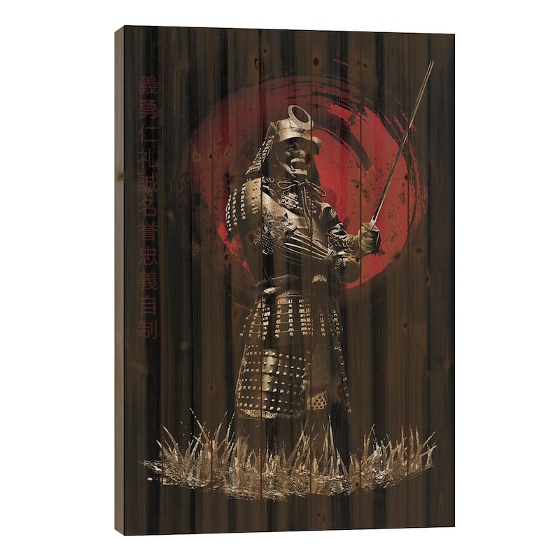 Bushido Samurai Standing Strong Print On Wood by Cornel Vlad - Multi-Color - 26x18x1.5